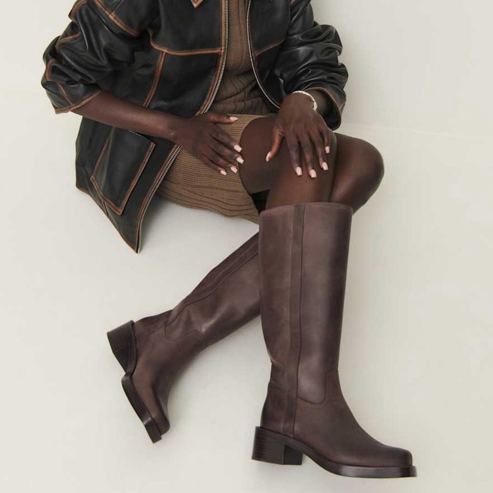 REFORMATION Frances Distressed Brown Genuine Leather Knee-High Western Boots